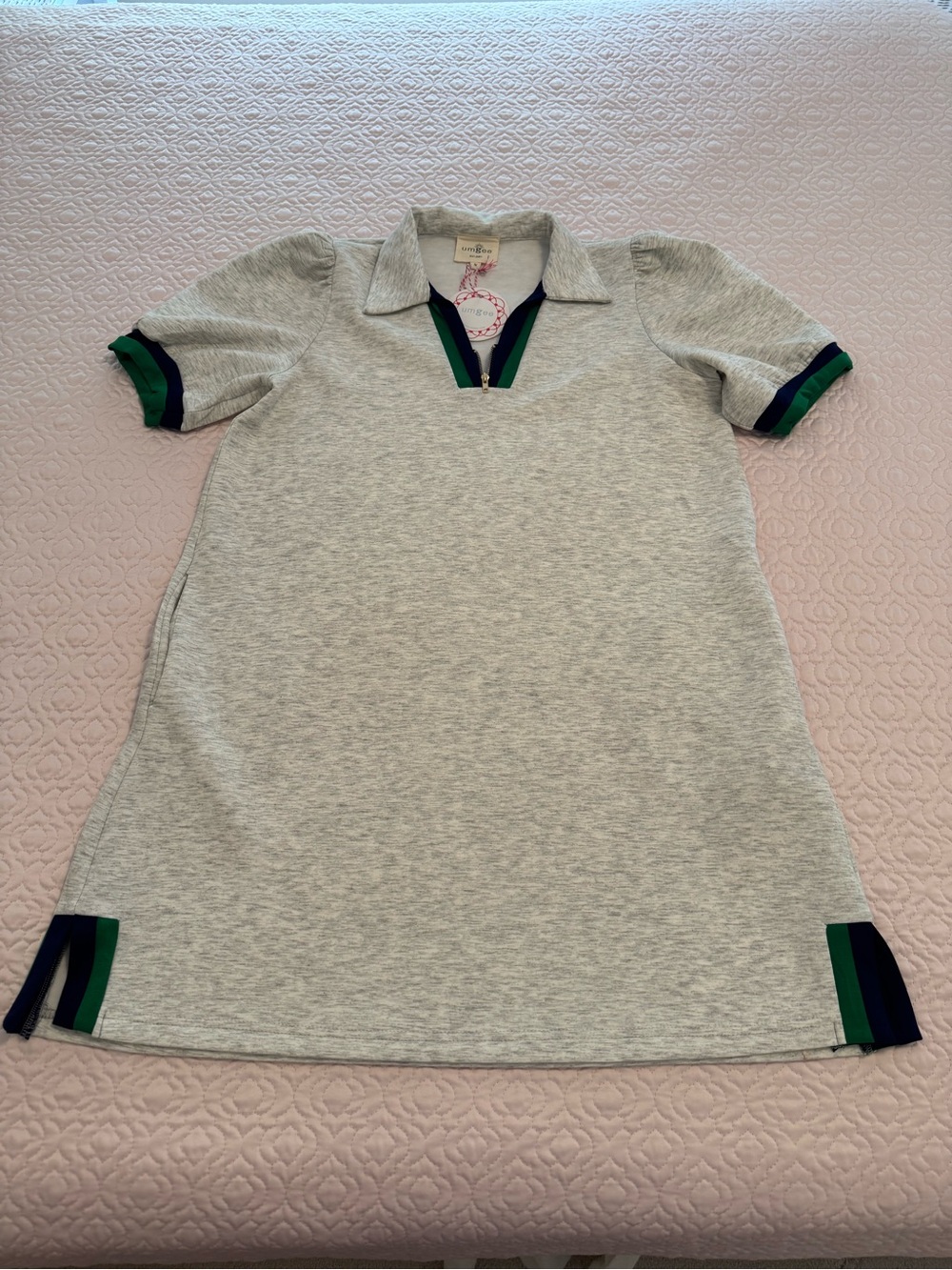 Umgee Heather Gray Polo Dress with Green & Navy Trim